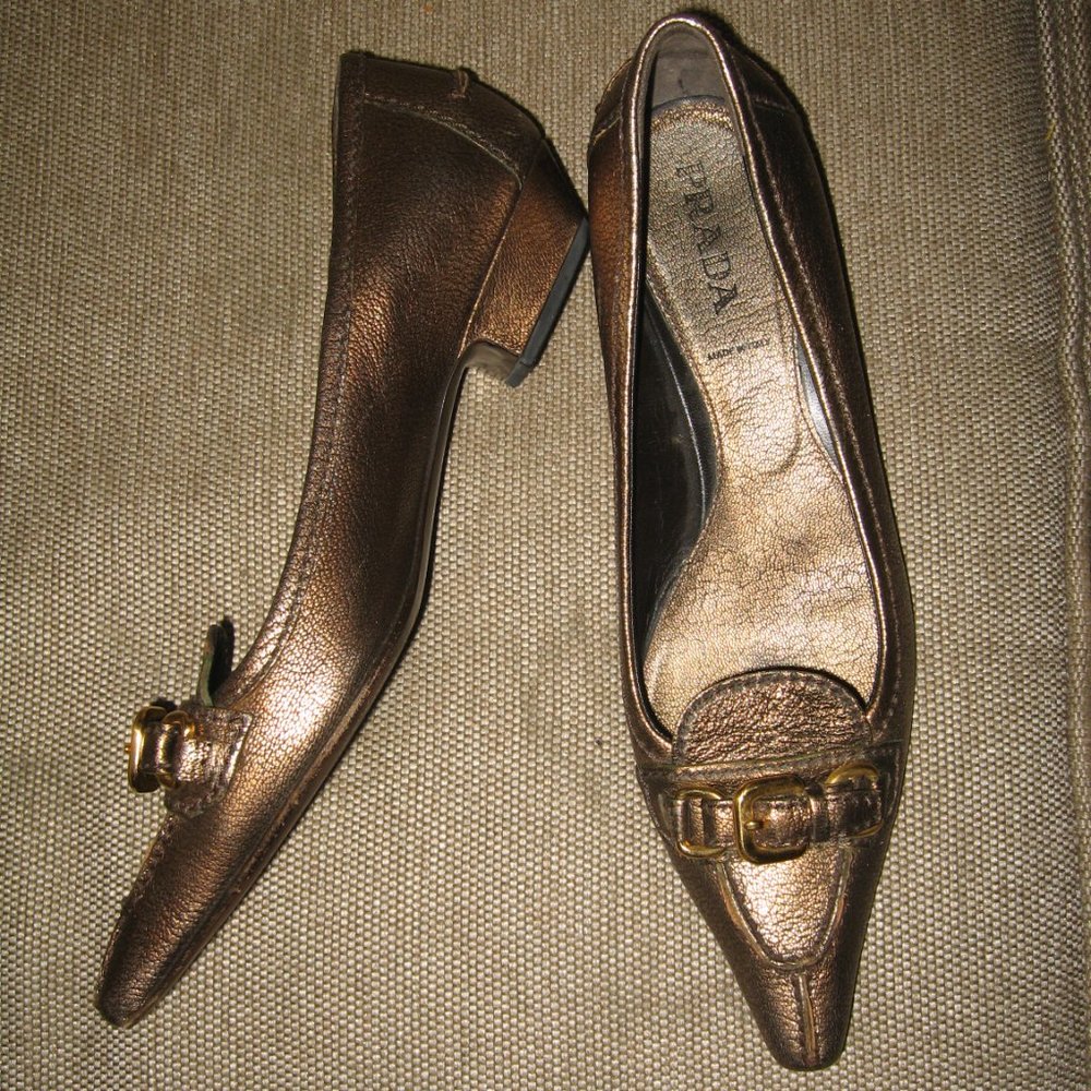 ❤️PRADA BRONZE METALLIC LOW HEEL BALLET BUCKLE VAMP SHOES 37 7
